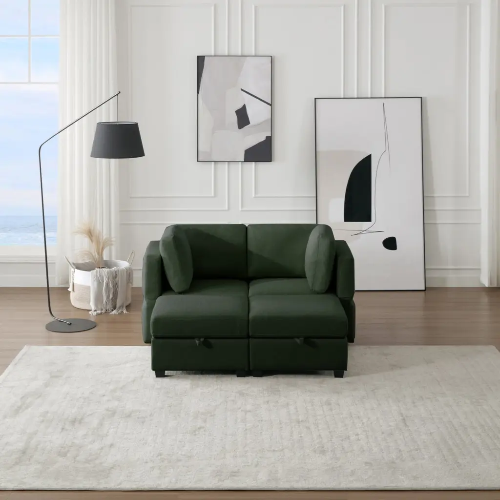 Modular Sectional 2 Seater Sofa 2 Ottomans Sleeper Sofa Bed Adjustable Arms and Backs Green Miekor Furniture