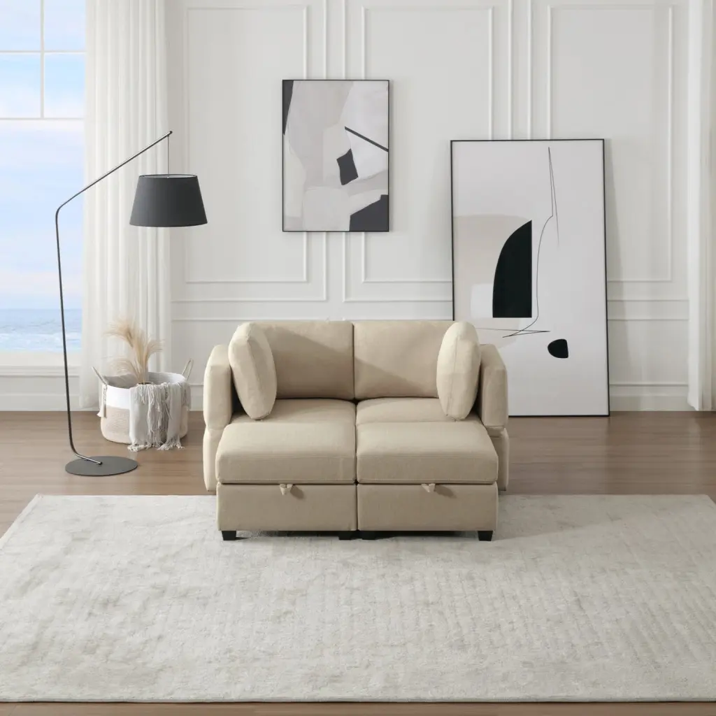 Modular Sectional 2 Seater Sofa 2 Ottomans Sleeper Sofa Bed Adjustable Arms and Backs Beige Miekor Furniture