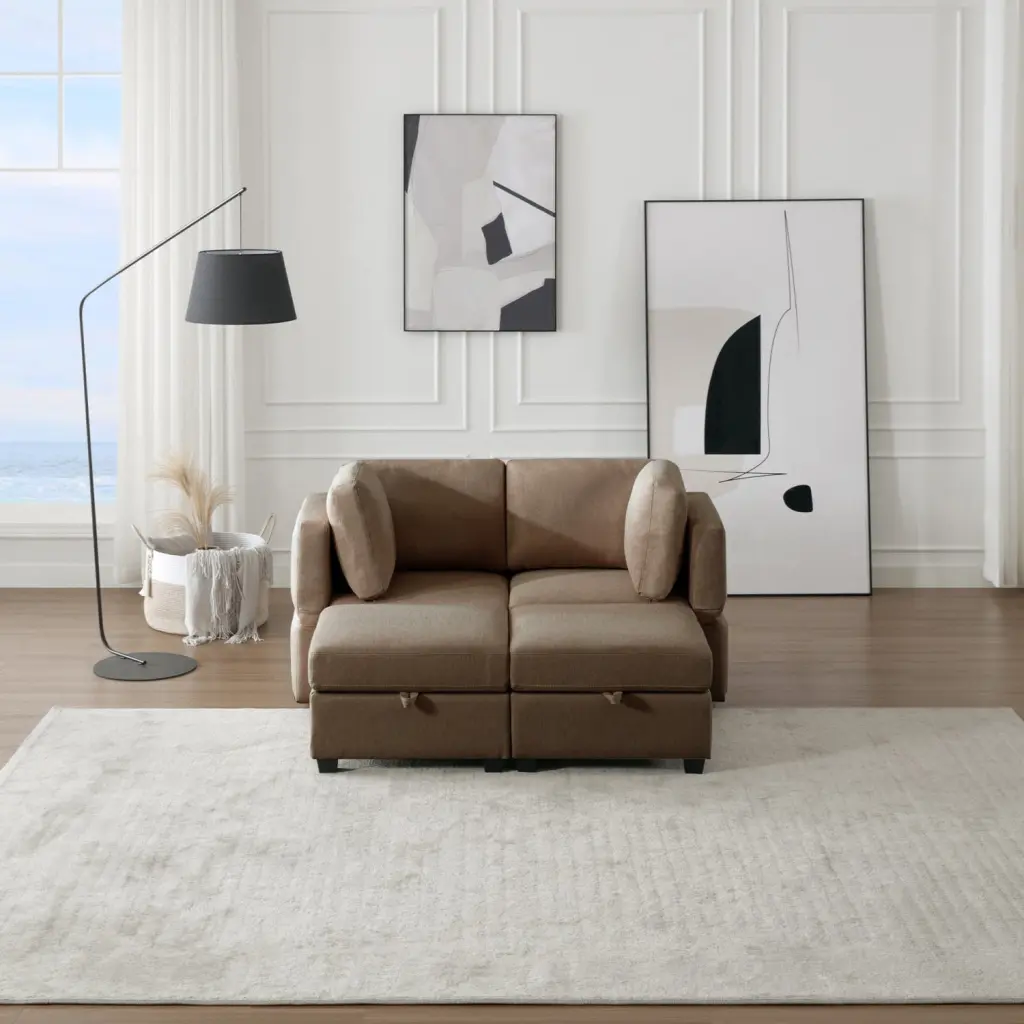 Modular Sectional 2 Seater Sofa 2 Ottomans Sleeper Sofa Bed Adjustable Arms and Backs Brown Miekor Furniture
