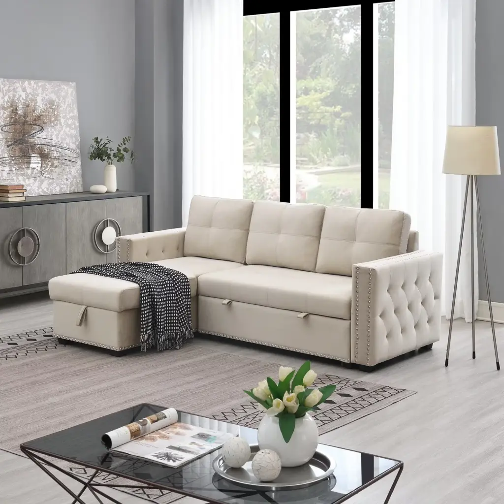 Morden Fort Sectional Sleeper Sofa Bed L Shape Storage Beige Velvet