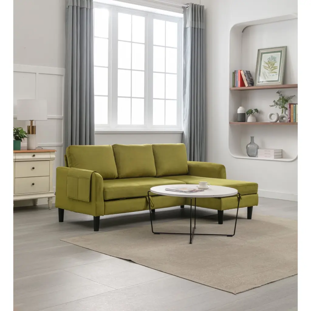 Olive Sectional Sofa Reversible Sleeper Storage Chaise L-Shaped Polyester Upholstery Foam Filled Living Room Furniture Ponnky