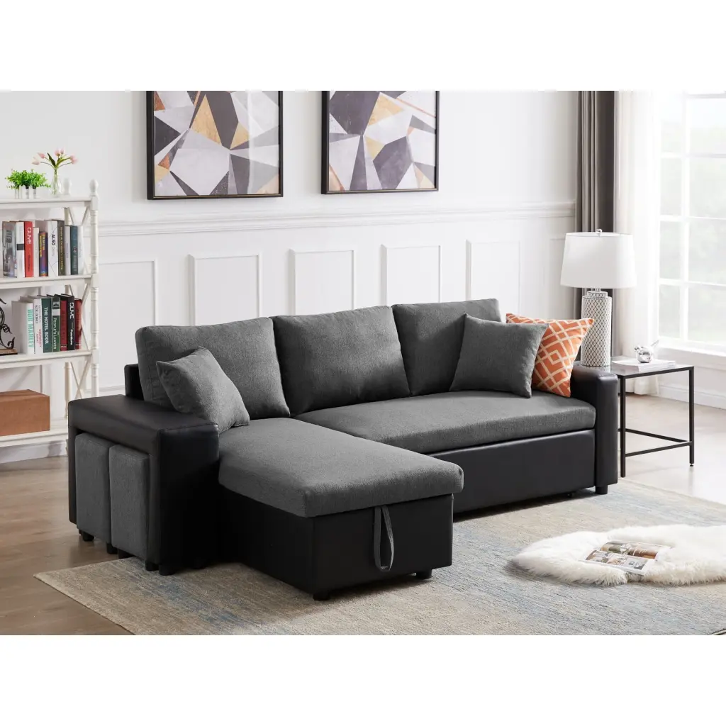 Steel Gray Linen Reversible Sleeper Sectional Sofa Storage & 2 Stools Ponnky