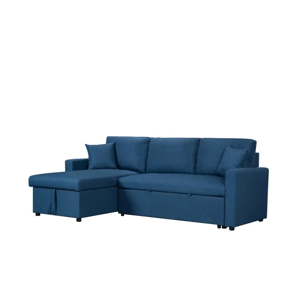 Kip 82 Inch Modern Sleeper Sectional Sofa Bed Storage Chaise Blue Sherpi Fabric Saltoro Sherpi
