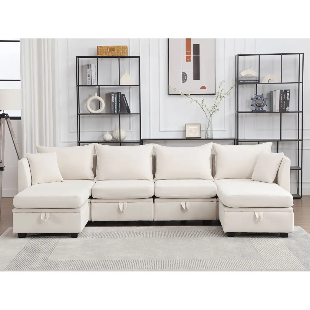Modular Sectional Sofa Convertible Sleeper Storage 6 Seat Beige Fabric Couch Living Room SHNHYF