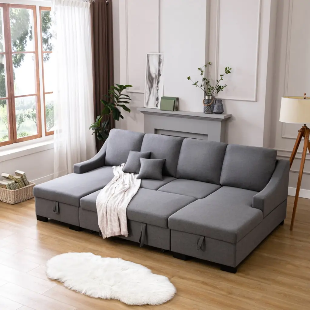 104 Inches Pull Out Sleeper U-Shaped Sectional Sofa Double Storage Spaces and Pillows Triple Tree