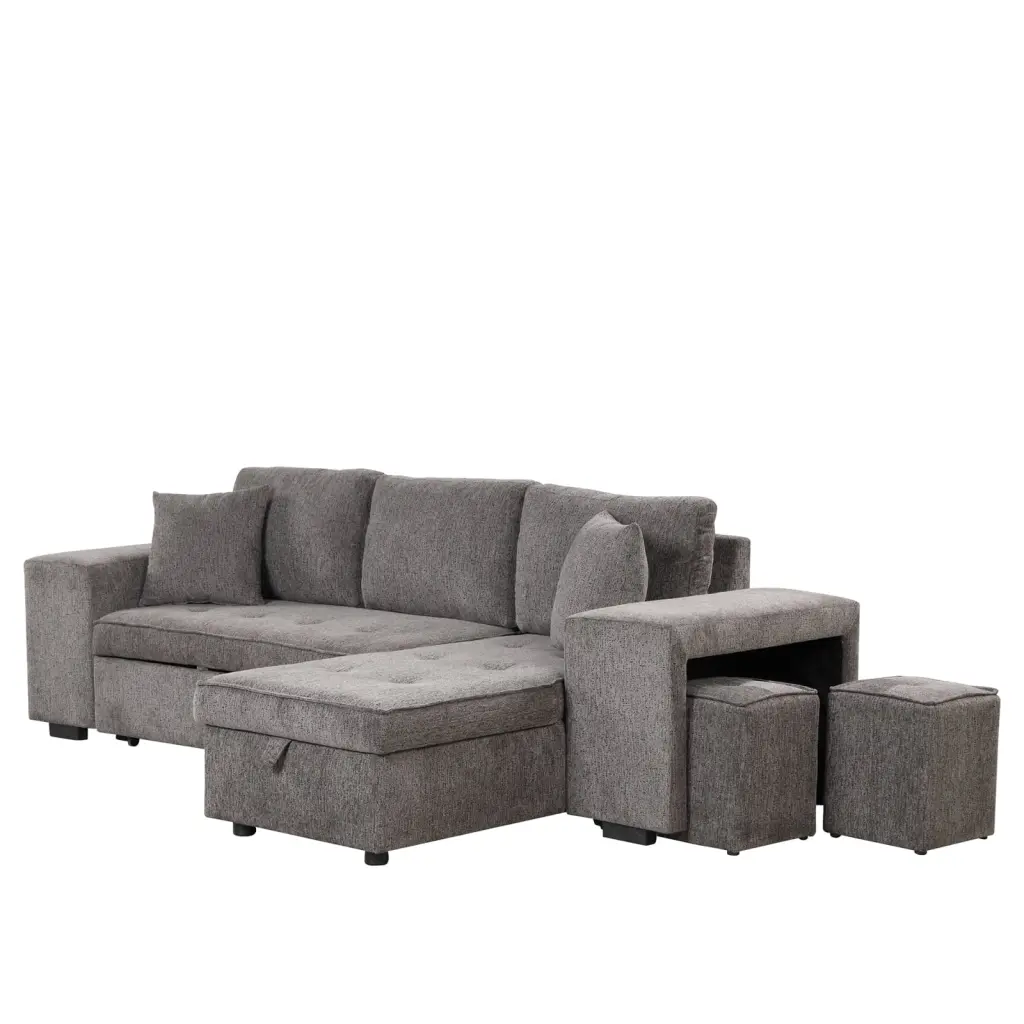 Modern Charcoal L-Shape Sectional Couch Sleeper Sofa Storage Chaise and 2 Stools Wodine