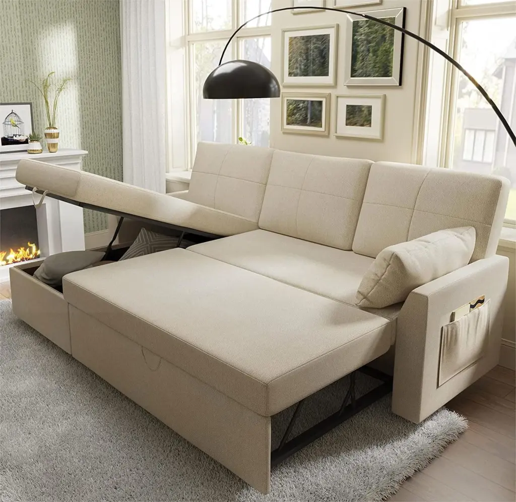 Amerlife Pull Out Couch Sleeper Sofa Storage Chaise L Shape Couch Bedroom Beige Chenille