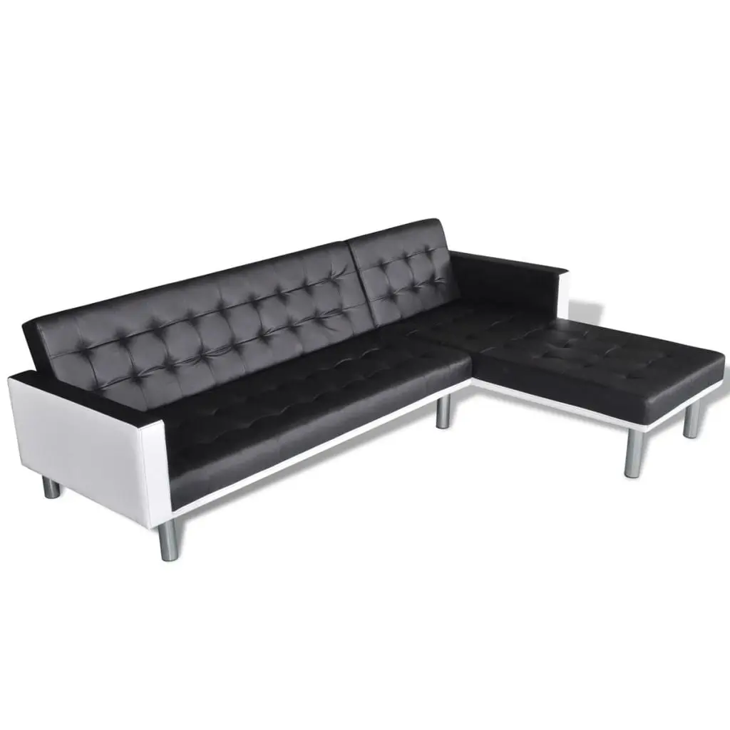 L-shaped Sofa Bed Artificial Leather Black and White Convertible Sleeper Couch Anself