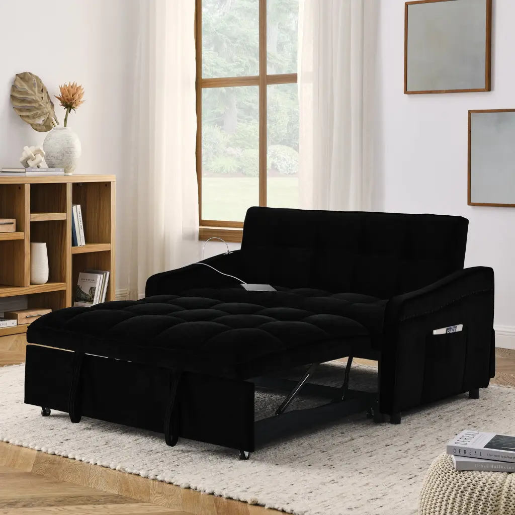 Black Loveseat Sofa Bed Pull-Out Bed and USB Charging - Adjustable Back Sofa ANTFURN