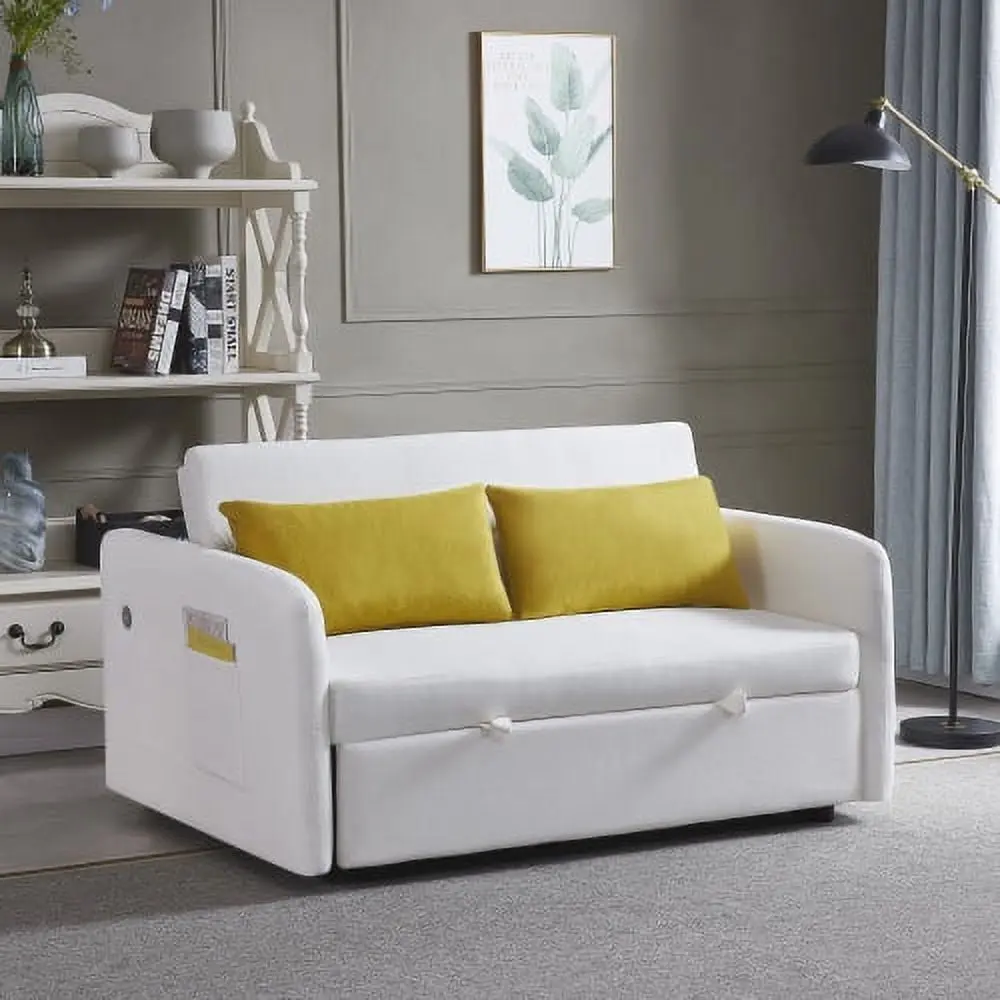 3 1 Convertible Sofa Bed Pull Out Bed 2 Pillows and Side Pockets Cream White ARCTICSCORPION