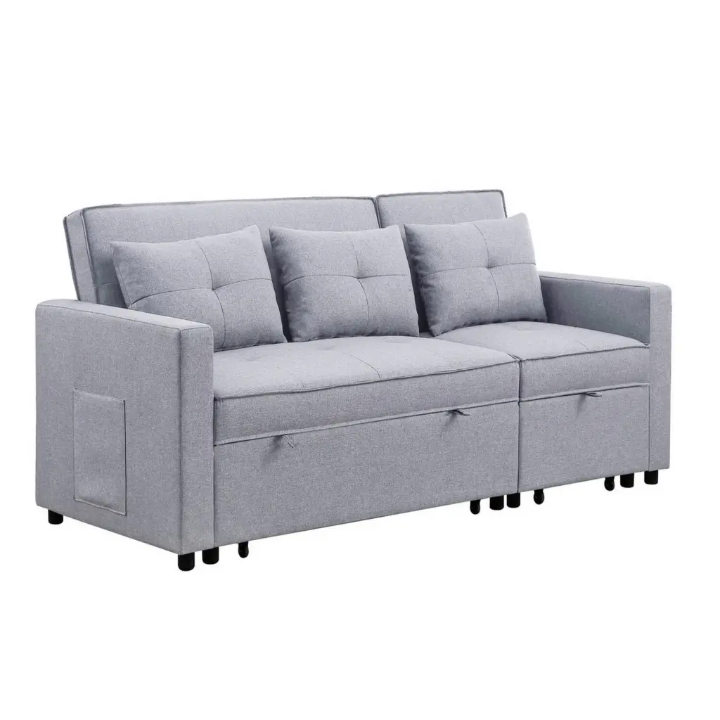 Benjara BM286632 80 Inch Jayce Wood Convertible Sleeper Sofa Light Gray Black Side Pocket