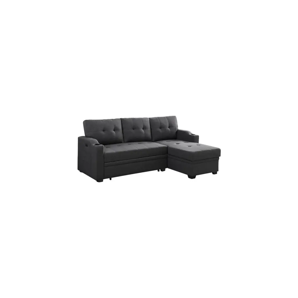 Blissful Nights Linen Fabric Sleeper Sectional Sofa Pull Out Bed Cupholder USB Charging Dark Gray
