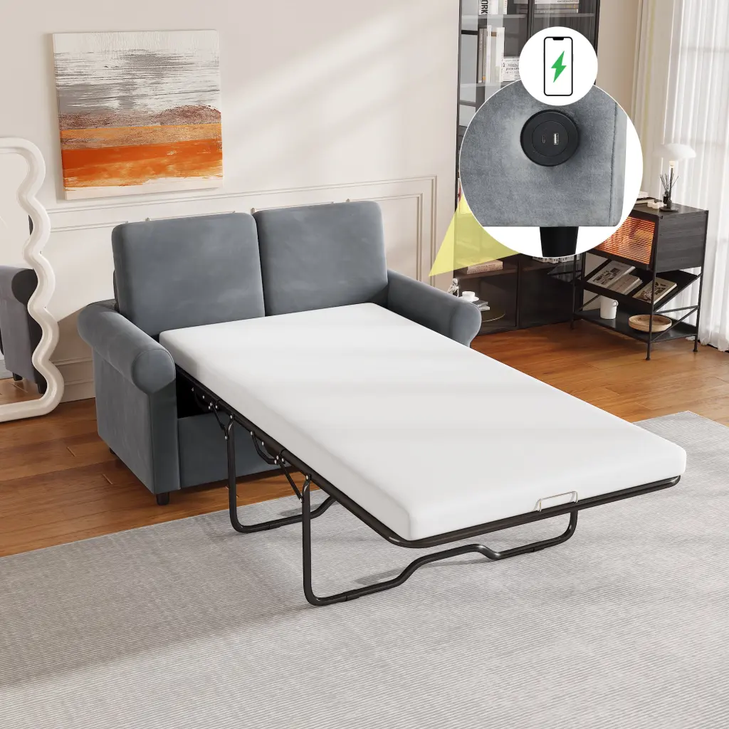 57.4 Inch Pull Out Sofa Bed Premium Twin Size Mattress Pad 2--1 Sleeper Couch USB Ports Gray CNCJ