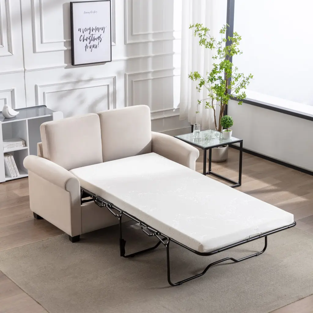 58.3 Inch Beige White Pull Out Sleeper Sofa Bed Twin Size Mattress Pad CNCJ