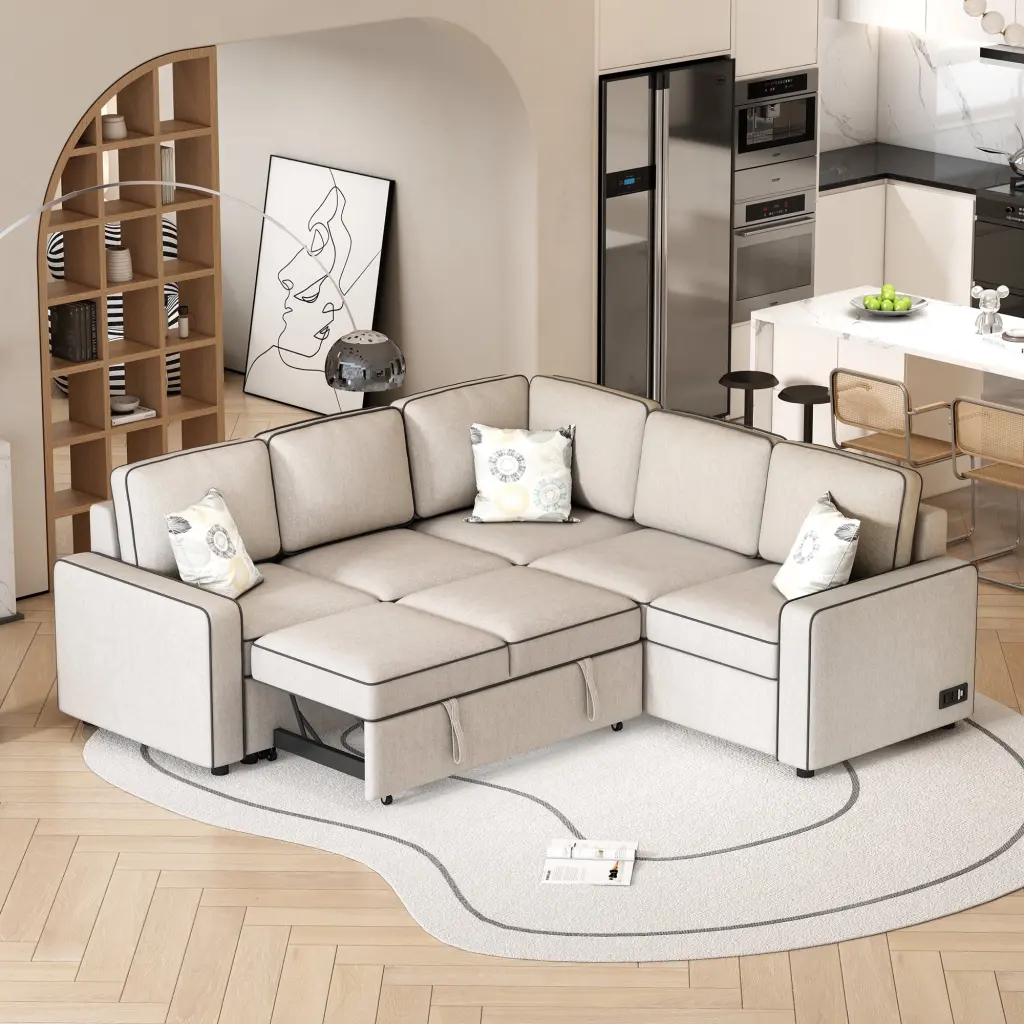 83 Inch L-Shaped Pull Out Sofa Bed Modern Convertible Sleeper Sofa Cream USB Ports CNCJ