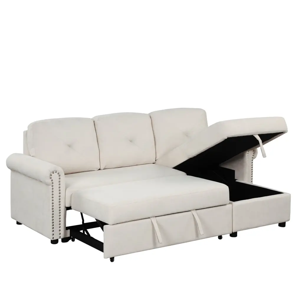 83 Modern Convertible Sleeper Sofa Bed Storage Chaise Beige Living Room CNCJ