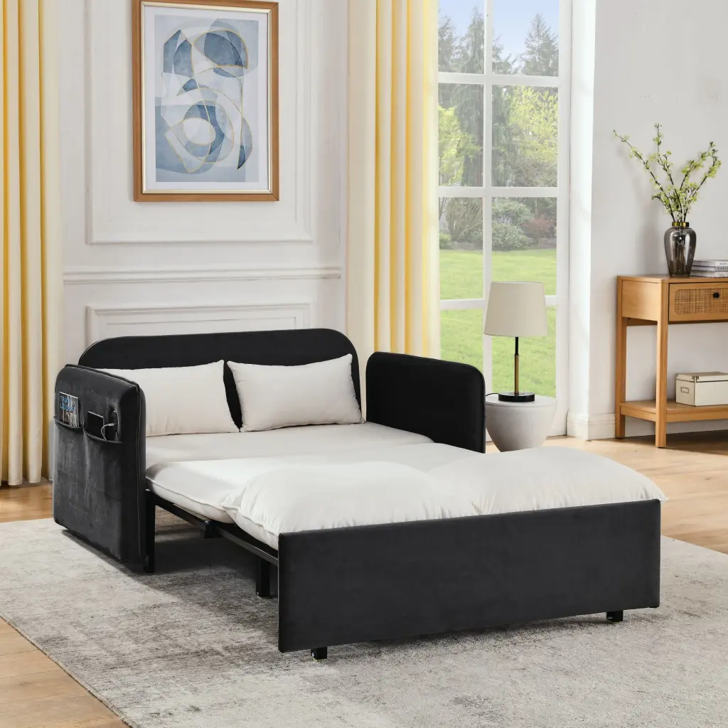 53'' Modern Convertible Sofa Bed USB Power Port and Removable Armrests White-Grey CNCJ