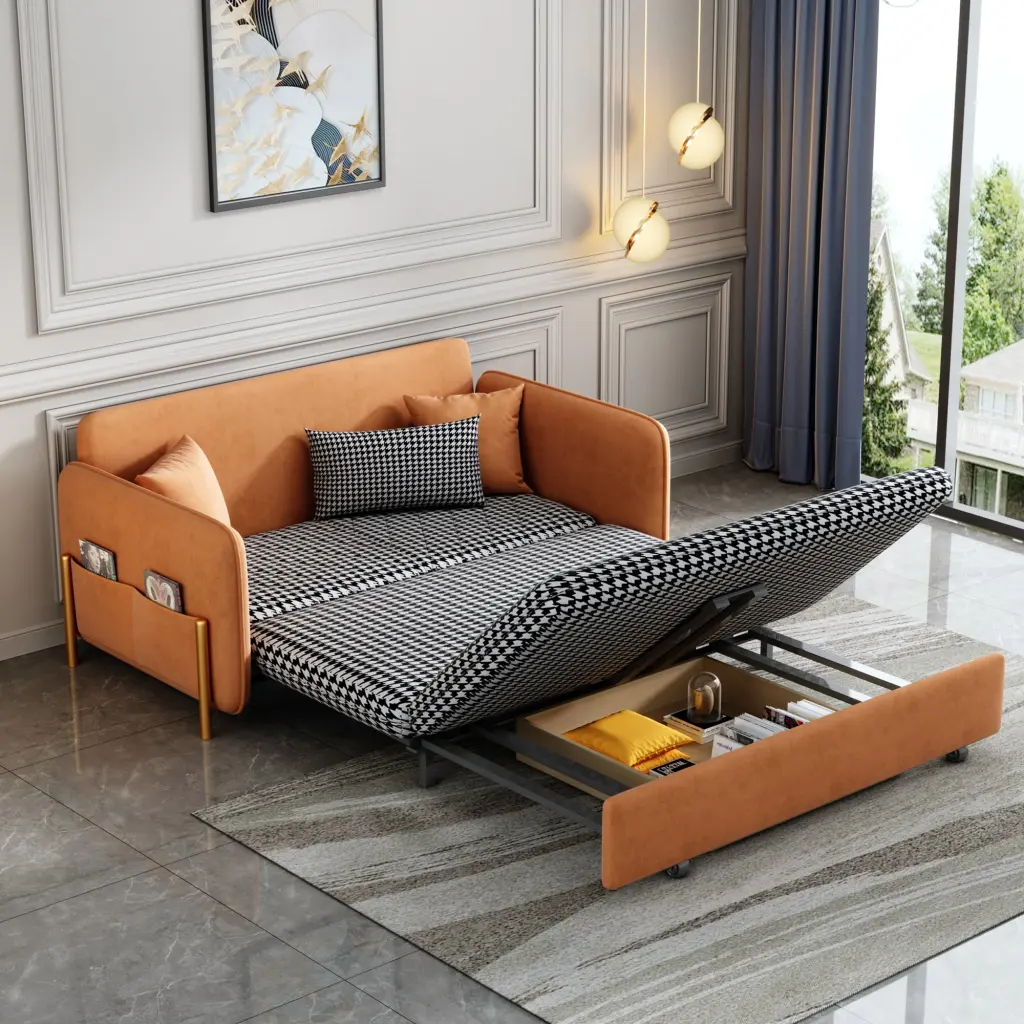 53.5 Full Sleeper Sofa Orange Upholstered Convertible Sofa Bed Multi Pockets Comfor u
