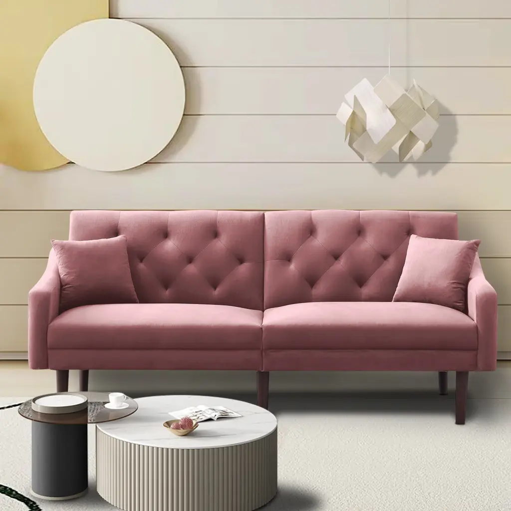 Pink Velvet CoSoTower Futon Sofa Sleeper 2 Pillows