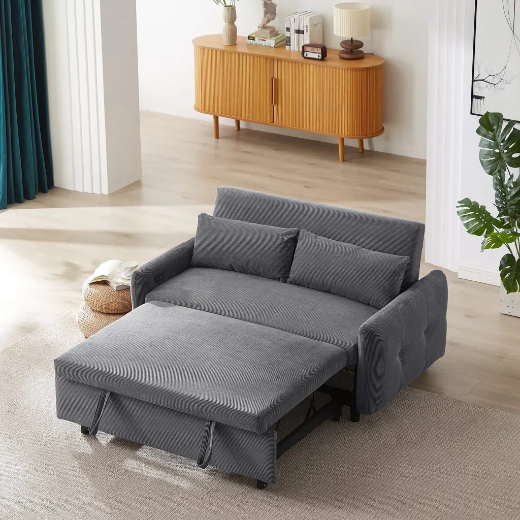 DeeHome 57.48 Pull-out Sofa Bed Convertible Couch 2 Seat Loveseat USB Ports Dark Grey