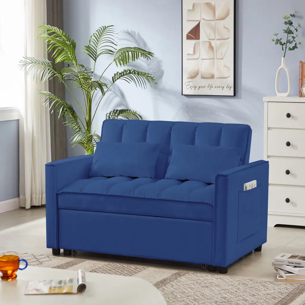 DeeHome Blue Velvet Loveseat Sofa Bed Lounge and Guest Room