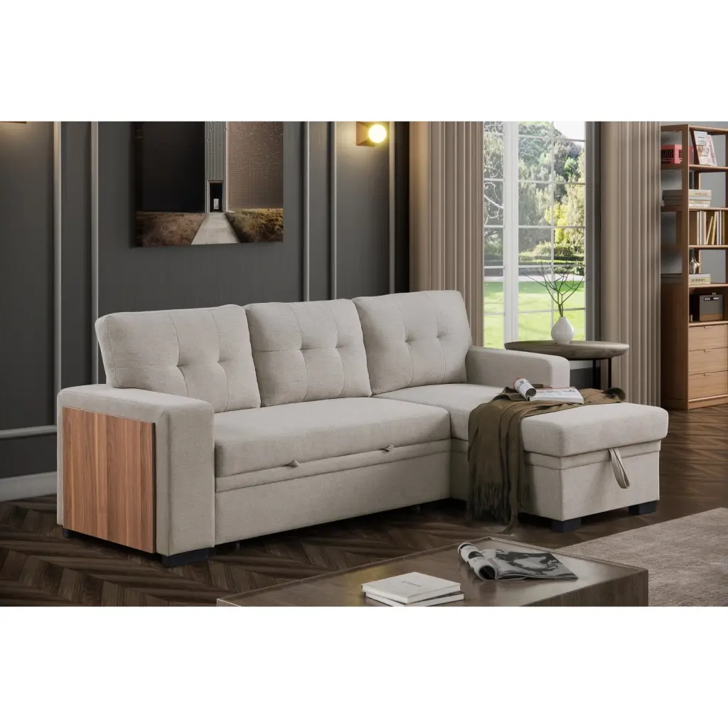 Devion Furniture Fabric Reversible Side Compartment Sleeper Sectional Sofa Bed Light Gray