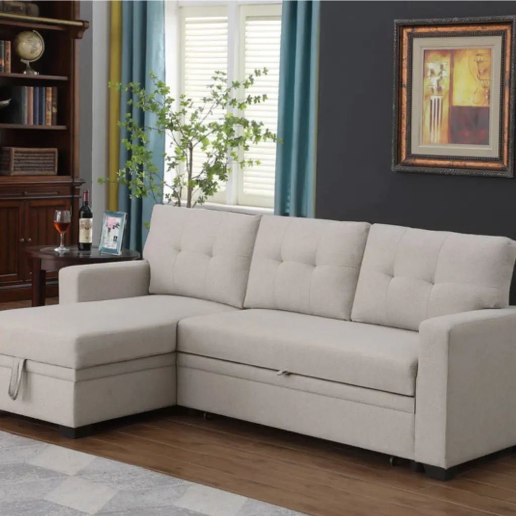 Devion Furniture Polyester Fabric Reversible Sleeper Sectional Sofa Beige