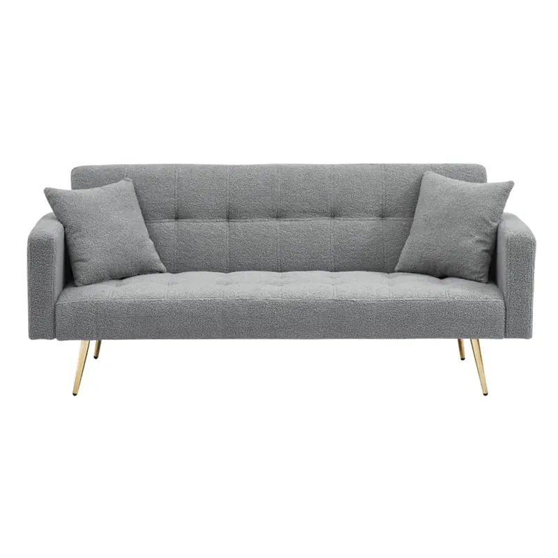 Versatile 71.7 Inch Gray Teddy Fleece Fabric Sofa Bed 2 Comfy Throw Pillows Direct Wicker