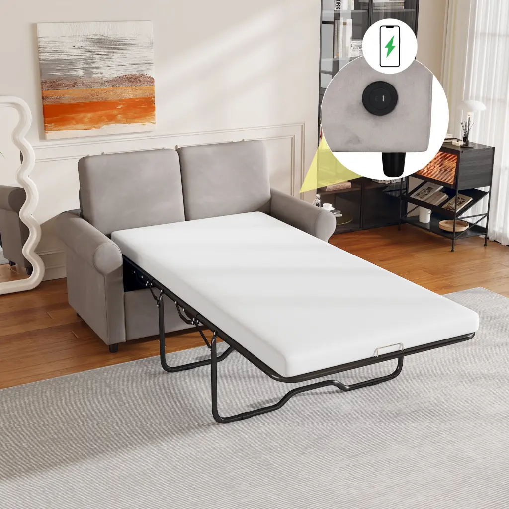 57.4 Pull Out Sofa Bed Twin Mattress and USB Ports Light Gray Ghislaine