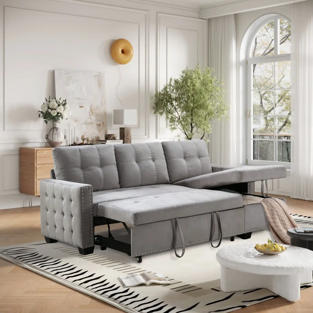 77 Inch Reversible Sectional Storage Sleeper Sofa Bed Light Grey Skin-Feeling Velvet Fabric Ghislaine