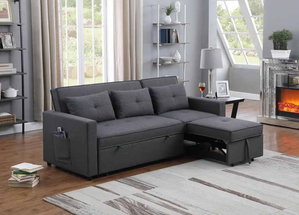 Zoey 79.75 Dark Gray Linen Convertible Sleeper Sofa Side Pocket Ghislaine
