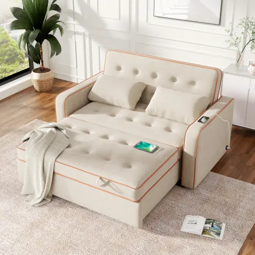 Goldmeet 65.7 Velvet Upholstered Sleeper Bed Pull Out Sofa Bed USB Charging