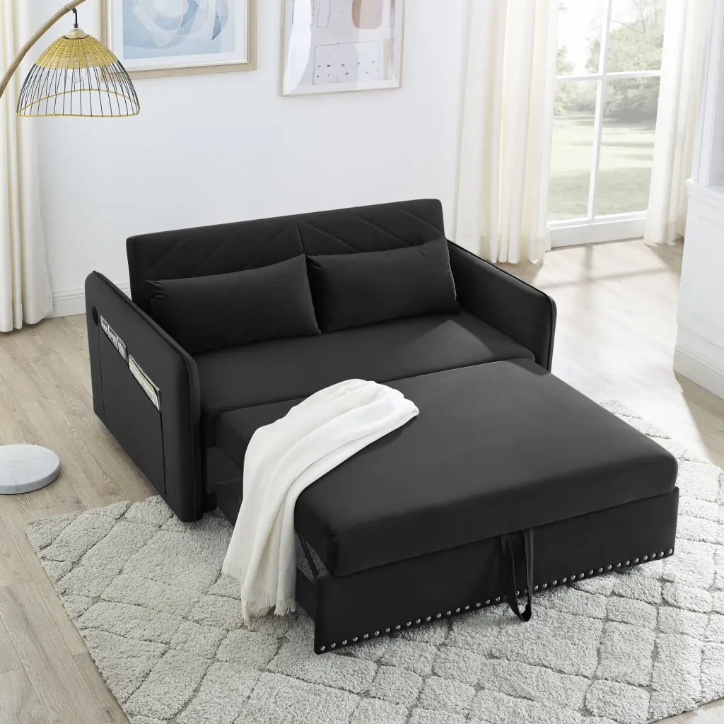 Black Velvet 3--1 Pull-Out Sleeper Sofa Soft Convertible Couch Side Pocket Storage and Lumbar Pillows HATNOKIL
