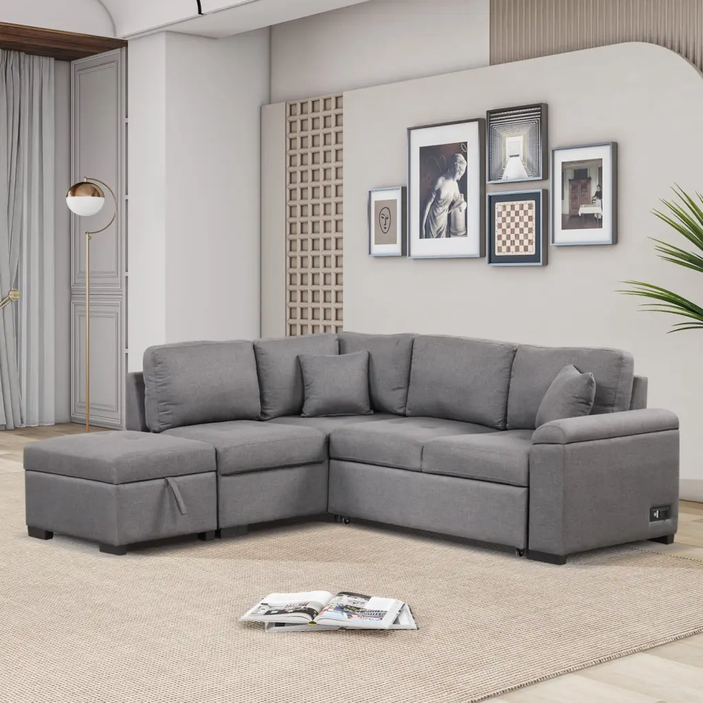 Dark Gray Sleeper Sectional Sofa Bed Storage Ottoman and USB Charging Ports HATNOKIL