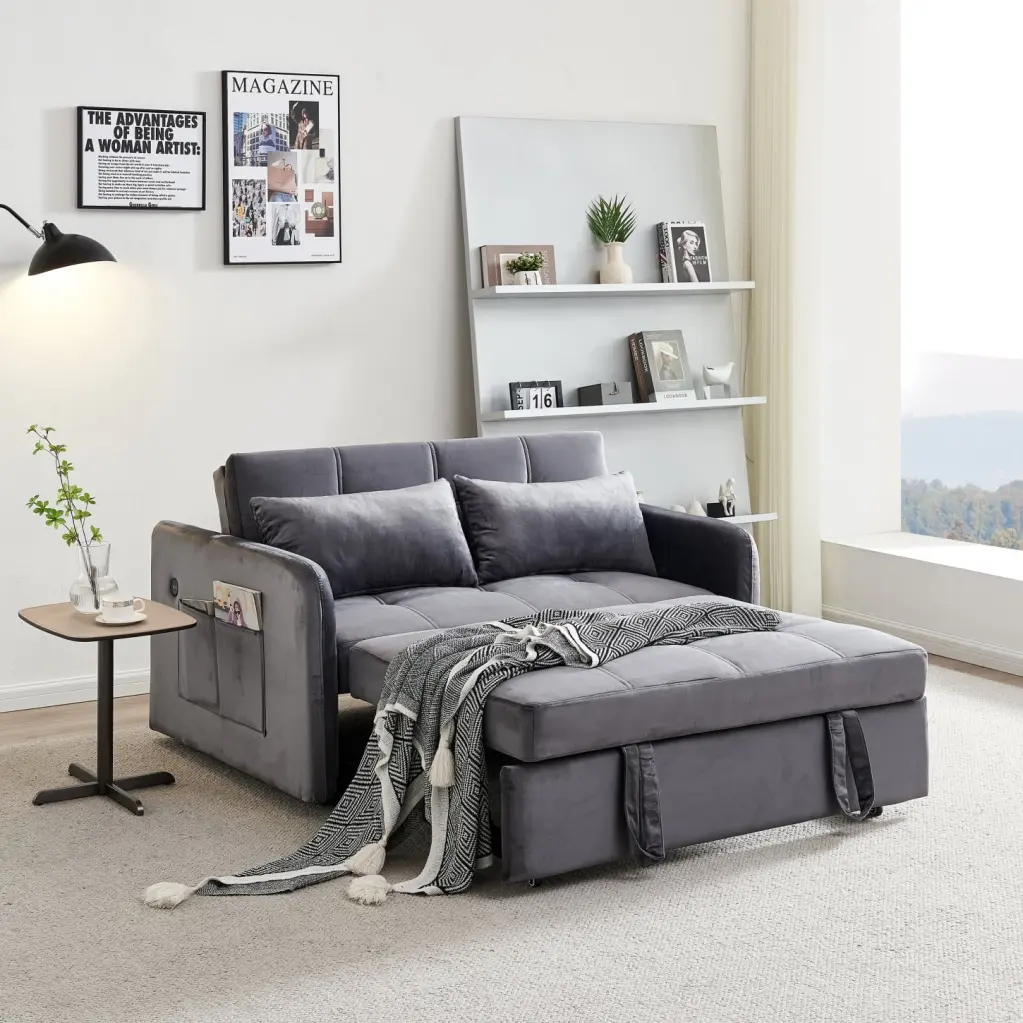 Grey Velvet Twins Pull Out Sofa Bed USB Charging Living Room or Guest Space HATNOKIL
