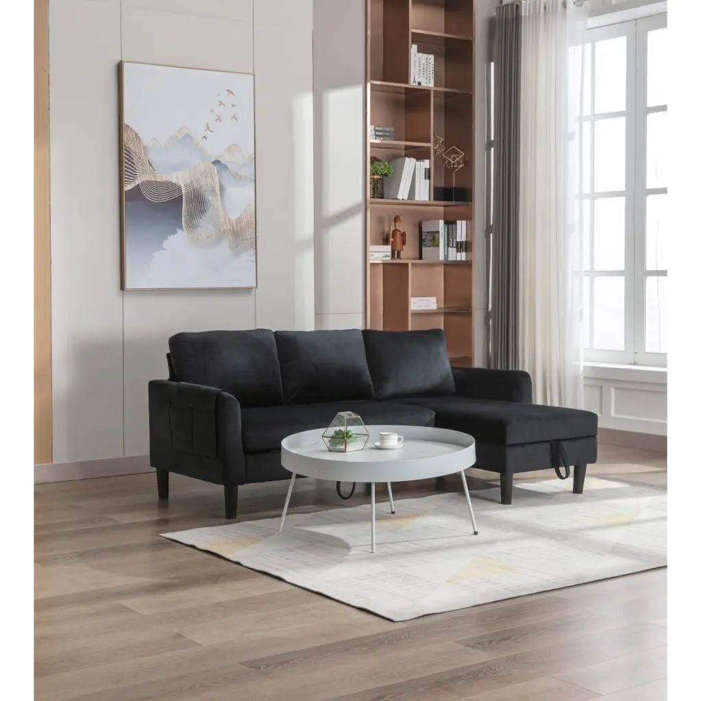 Reversible Black Sectional Sofa Polyester Sleeper Sofa Storage Chaise Lounge HATNOKIL