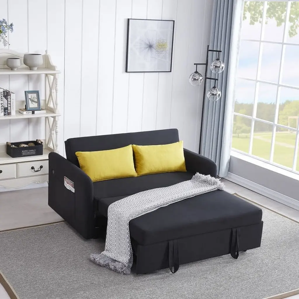Twins Black Fabric Sofa Bed USB Charging and Durable Frame HATNOKIL
