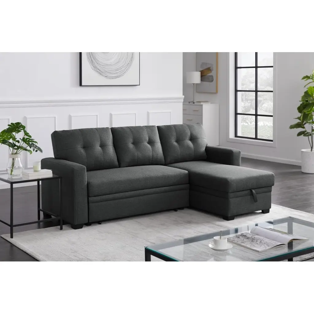HomeStock City Chic Polyester Fabric Reversible Sleeper Sectional Sofa Dark Gray Convertible Couch Living Room
