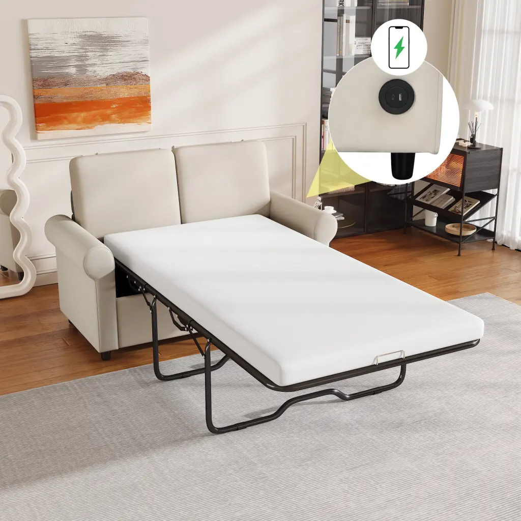 Homiyad 57.4 Pull Out Sofa Bed Premium Twin Size Mattress and USB Ports Beige