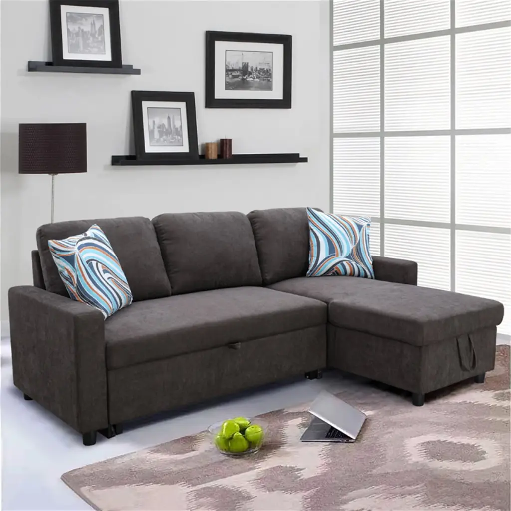 Hommoo Flannelette Reversible L-Shaped Sleeper Sofa Bed Storage Pull-Out Couch Dark Brown