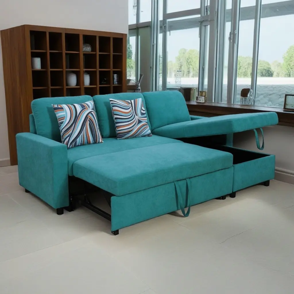 Hommoo Flannelette Reversible L-Shaped Sleeper Sofa Bed Storage Pull-Out Couch Green