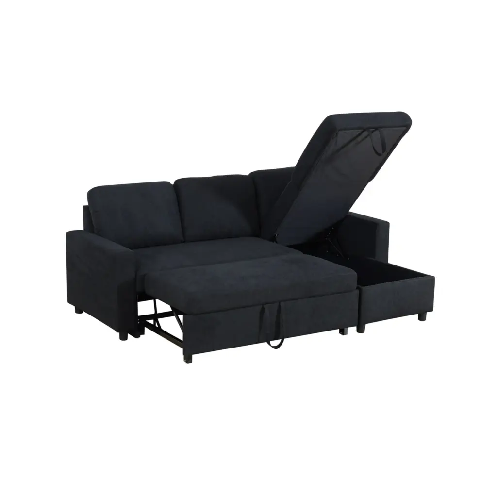 Hommoo Flannelette Reversible L-Shaped Sleeper Sofa Bed Storage Pull-Out Couch Black