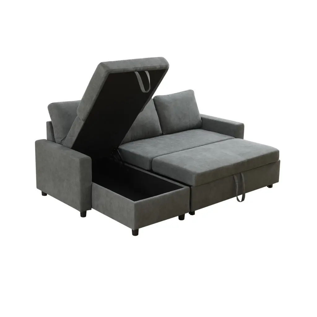 Hommoo Flannelette Reversible L-Shaped Sleeper Sofa Bed Storage Pull-Out Couch Dark Grey