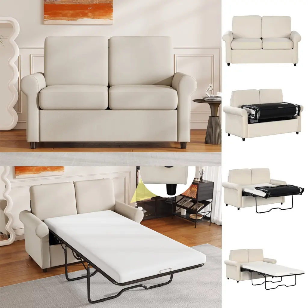 57.4 Inch Beige Pull Out Sofa Bed Premium Twin Size Mattress and USB Ports HOMXIAOWO