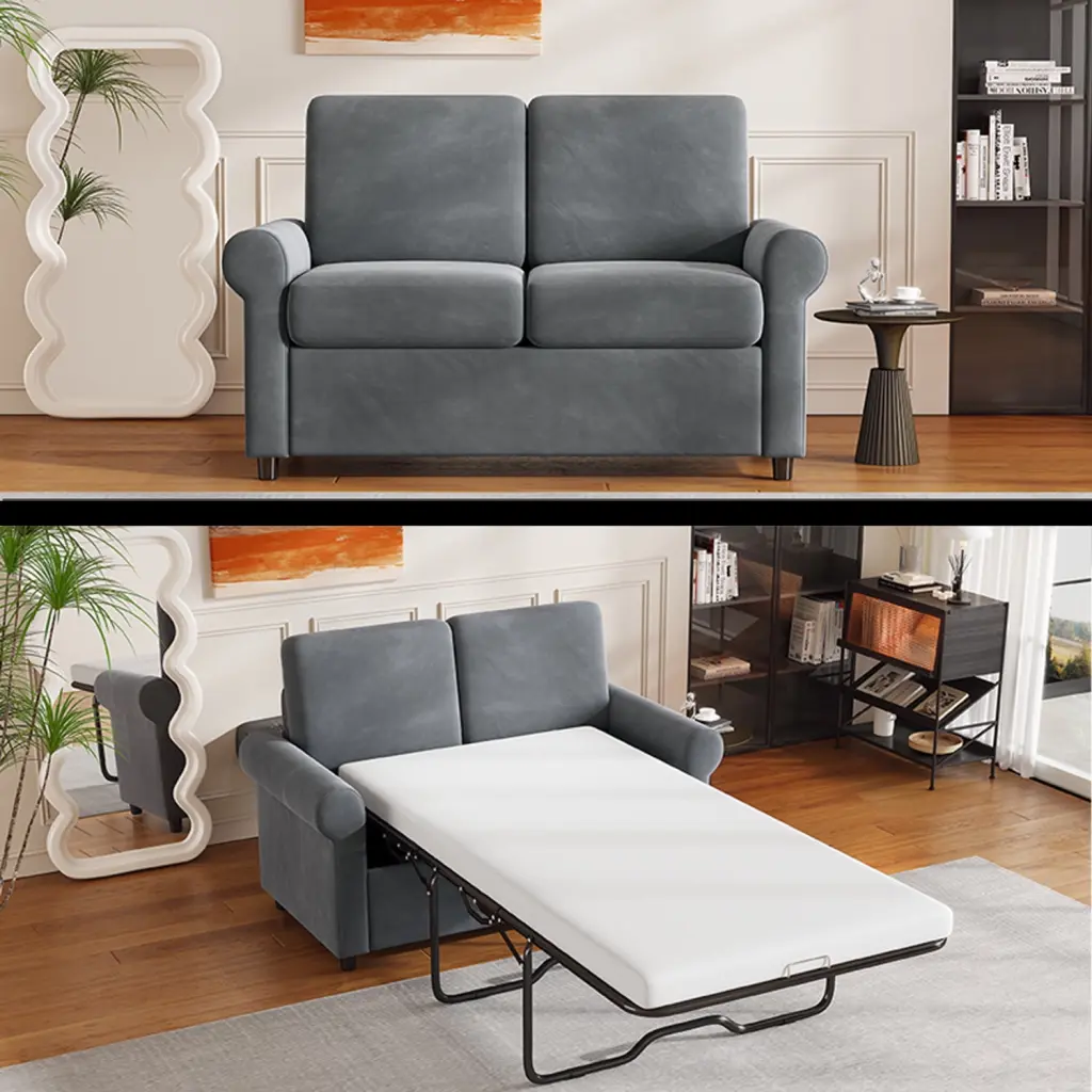 57.4 Inch Gray Pull Out Sofa Bed Premium Twin Size Mattress and USB Ports HOMXIAOWO
