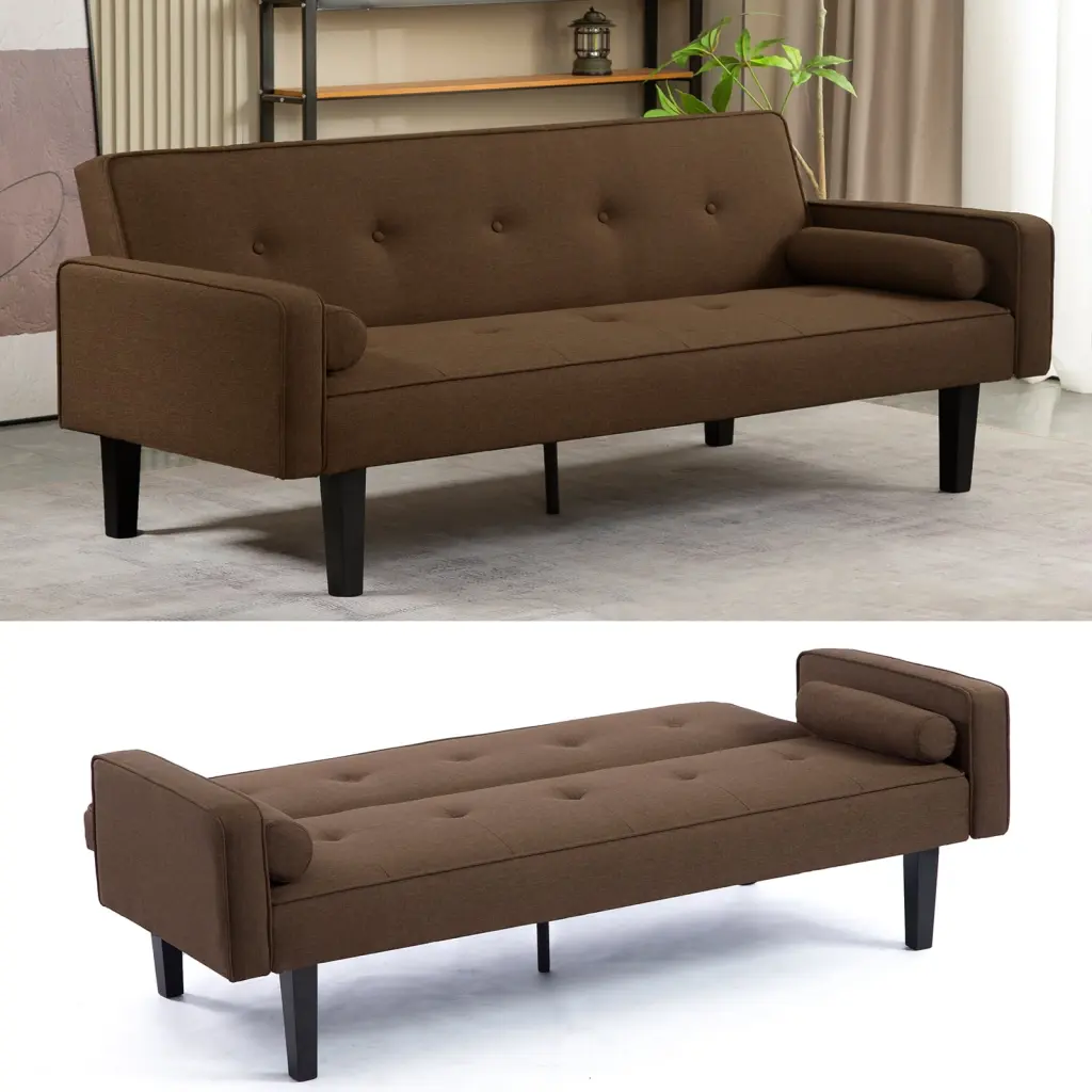 Convertible Futon Sofa Bed Armrests Modern Linen Upholstered Split Back Design Solid Wood Legs HOMXIAOWO