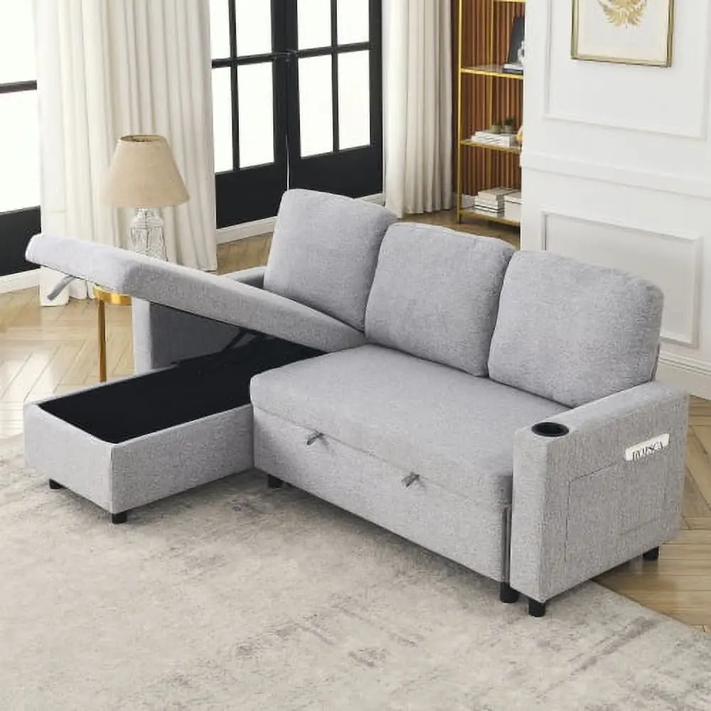 Comfortable Linen L-Shaped Combo Sofa Bed Living Room Furniture Tight Spaces Light Gray Hypeshops