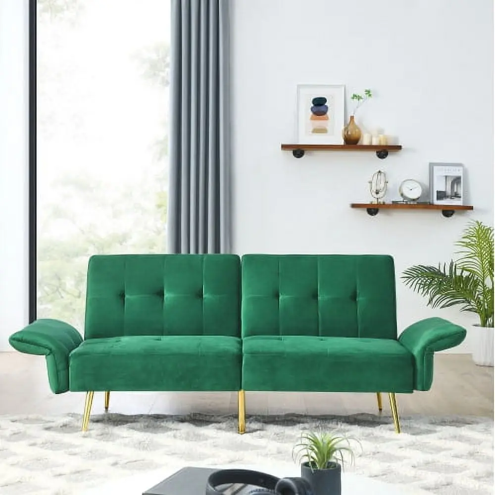 78 Inch Italian Velvet Futon Sofa Bed Green - Convertible Sleeper Loveseat Storage Hypeshops
