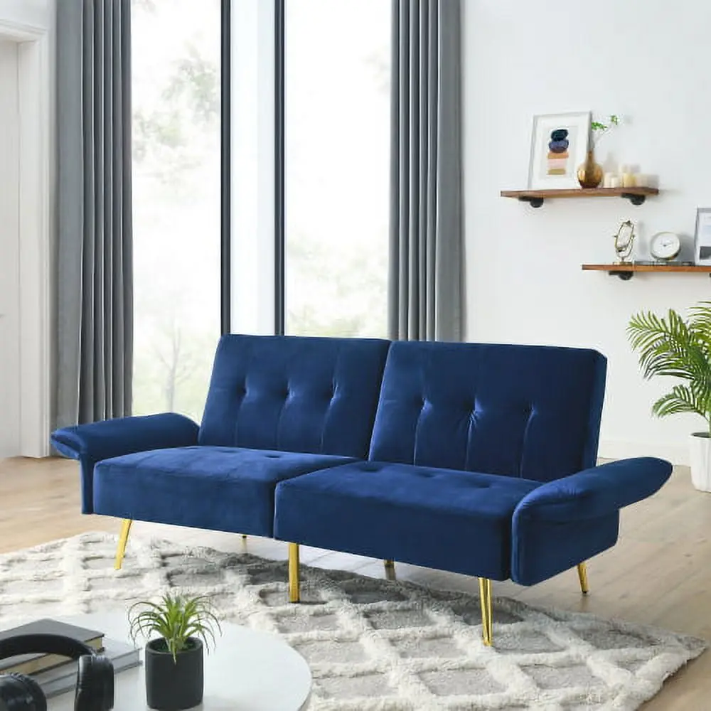 78 Inch Italian Velvet Futon Sofa Bed Navy - Convertible Sleeper Loveseat Storage Hypeshops
