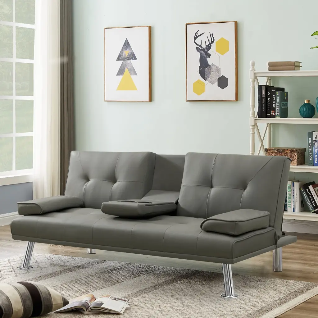 Gray Faux Leather Loveseat Sofa Bed Cup Holders Convertible Sleeper Couch JUSTSHIK